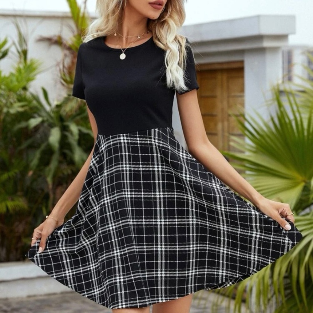 SHEIN plaid fit & flare color block dress
